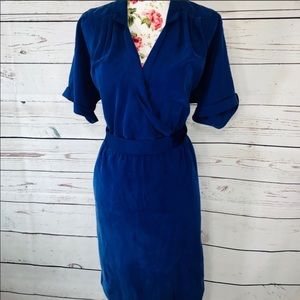 NWT- Gorgeous Blue Belted Faux-Wrap Dress w Collar